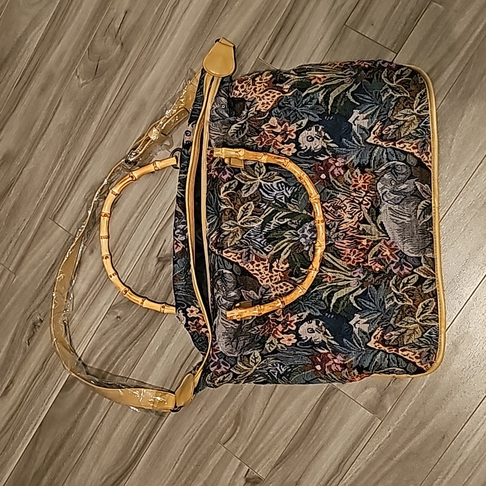 Vintage Signature Club A Jungle Bamboo Tapestry Travel Handbag 17x14x8